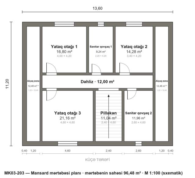 MK03-203 layihəsinin mansard mərtəbəsi planı — 3 yataq otağı