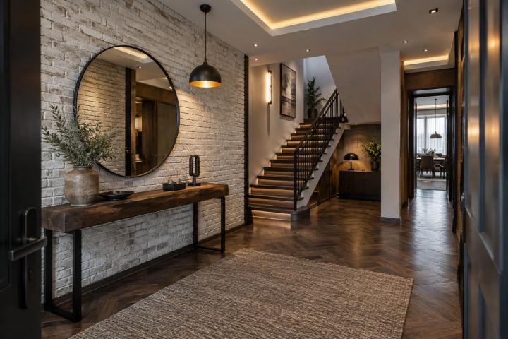 Loft üslubunda giriş holu (iki mərtəbəli ev, qış gündüzü) — Premium təmir paketi, dizayn vizuallaşdırması