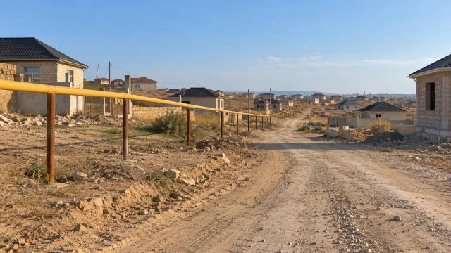 Abşeron kənarında yeni qəsəbədə yol boyu dirəklər üzərində qaz borusu