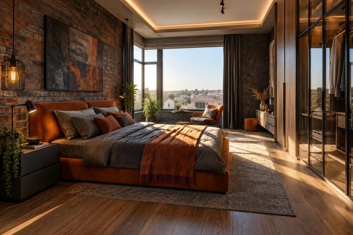 Loft üslubunda yataq otağı (həyət evi, səhər günəşi) — Standart təmir paketi, dizayn vizuallaşdırması