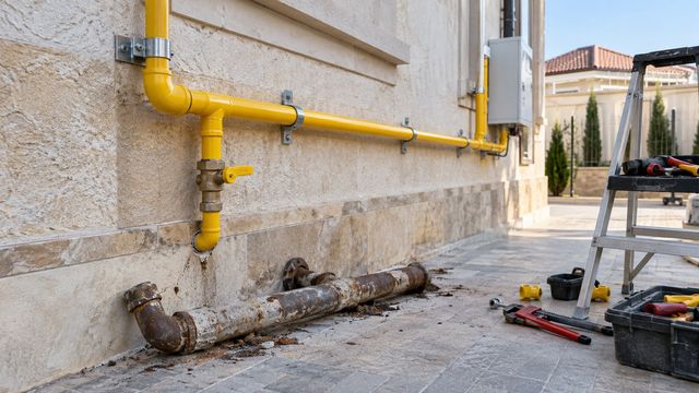 Divar boyunca yeni marşrutla çəkilmiş sarı qaz borusu və yeni kronşteynlər