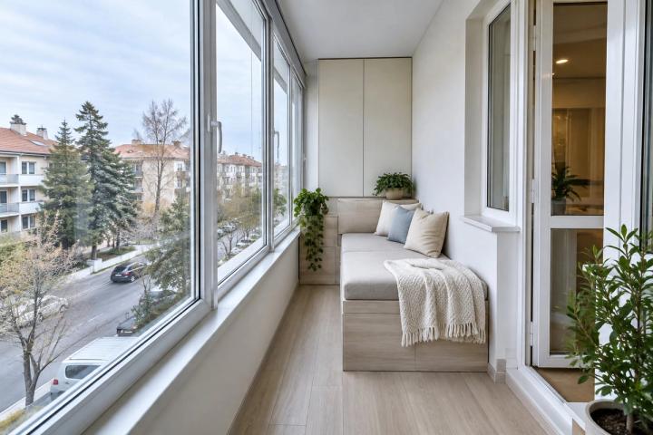 Minimalist üslubunda eyvan (yaşayış kompleksində mənzil, qış gündüzü) — Ekonom təmir paketi, dizayn vizuallaşdırması