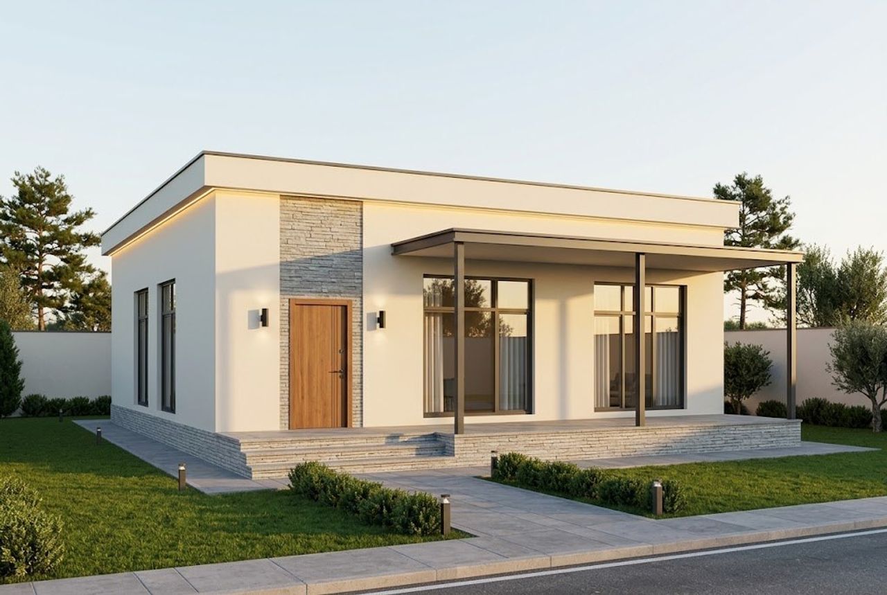 BM25-136 layihəsinin fasad vizuallaşdırması — düz dam, örtülü terras