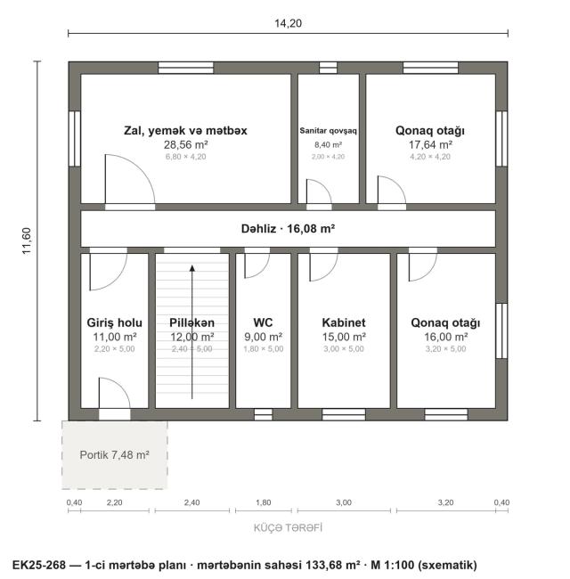 EK25-268 layihəsinin 1-ci mərtəbə planı — 133,68 m²