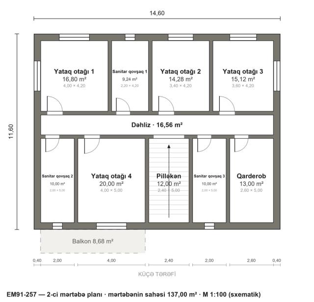 EM91-257 layihəsinin 2-ci mərtəbə planı — 4 yataq otağı
