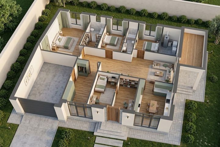 BM33-197 layihəsinin 3D kəsik planı — mebelli otaqlar, vizuallaşdırma