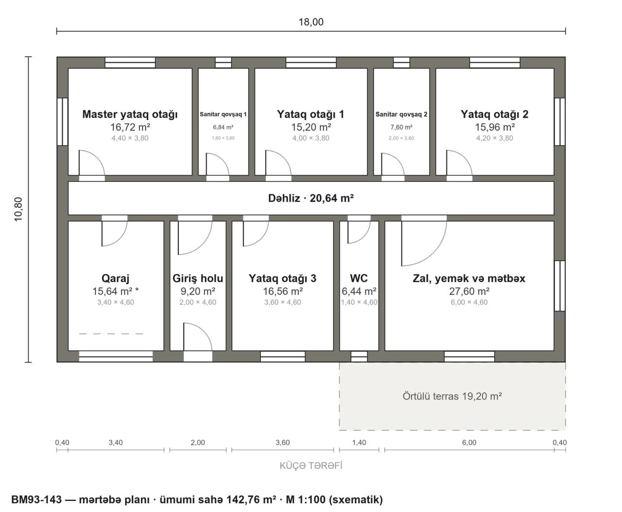 BM93-143 layihəsinin mərtəbə planı — 143 m², 4 yataq otağı