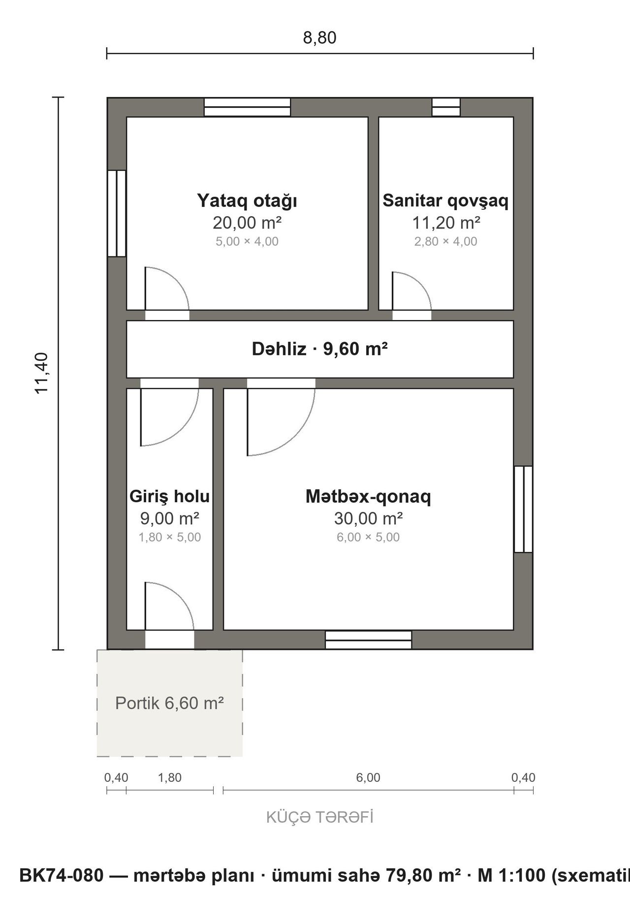 BK74-080 layihəsinin mərtəbə planı — 80 m², 1 yataq otağı