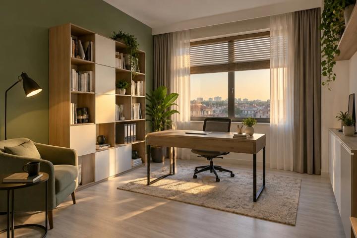 Modern üslubunda kabinet (yaşayış kompleksində mənzil, axşamüstü işıq) — Ekonom təmir paketi, dizayn vizuallaşdırması