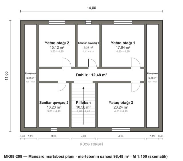 MK08-208 layihəsinin mansard mərtəbəsi planı — 3 yataq otağı