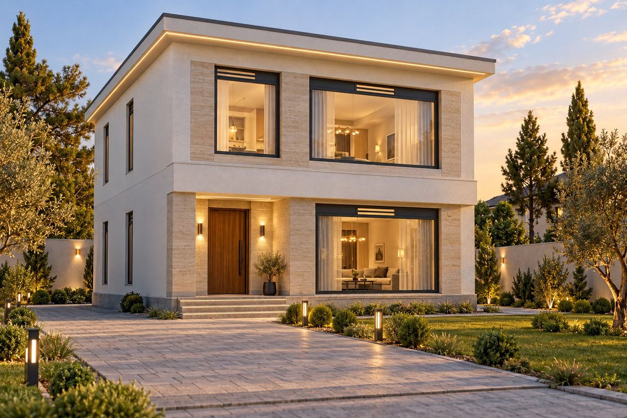 EM98-212 layihəsinin fasad vizuallaşdırması — ikimərtəbəli ev, düz dam