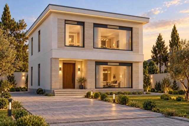 EM98-212 layihəsinin fasad vizuallaşdırması — ikimərtəbəli ev, düz dam