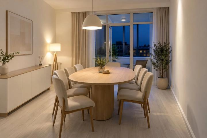 Minimalist üslubunda yemək zonası (yaşayış kompleksində mənzil, axşam, lampalar yanır) — Ekonom təmir paketi, dizayn vizuallaşdırması
