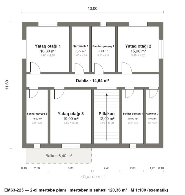 EM63-225 layihəsinin 2-ci mərtəbə planı — 3 yataq otağı