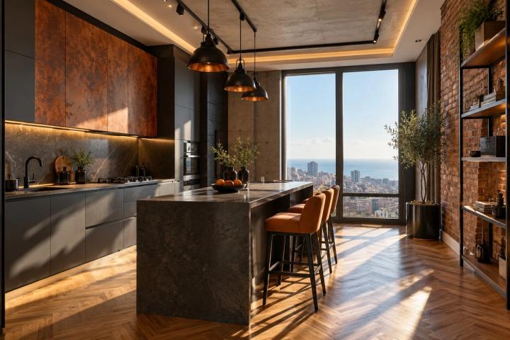 Loft üslubunda mətbəx (yeni tikili mənzil, səhər günəşi) — Premium təmir paketi, dizayn vizuallaşdırması