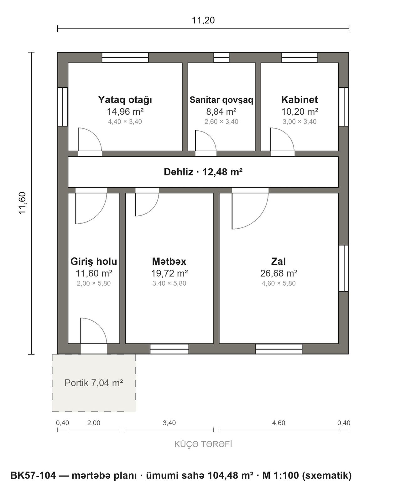BK57-104 layihəsinin mərtəbə planı — 104 m², 1 yataq otağı