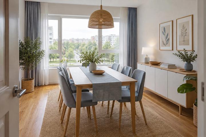 Skandinav üslubunda yemək zonası (yeni tikili mənzil, gündüz işığı) — Ekonom təmir paketi, dizayn vizuallaşdırması