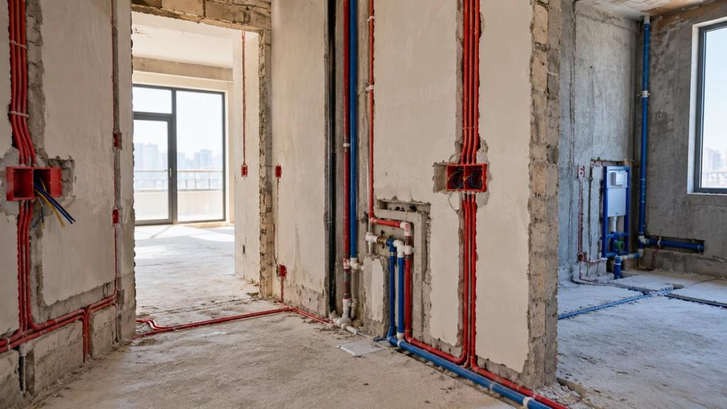 Suvaqdan əvvəl divardakı elektrik borucuqları və su xətləri