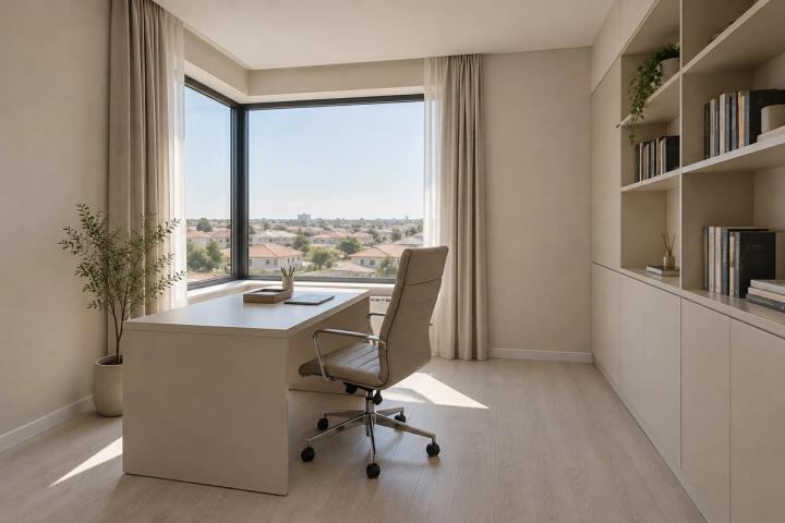 Minimalist üslubunda kabinet (həyət evi, gündüz işığı) — Ekonom təmir paketi, dizayn vizuallaşdırması