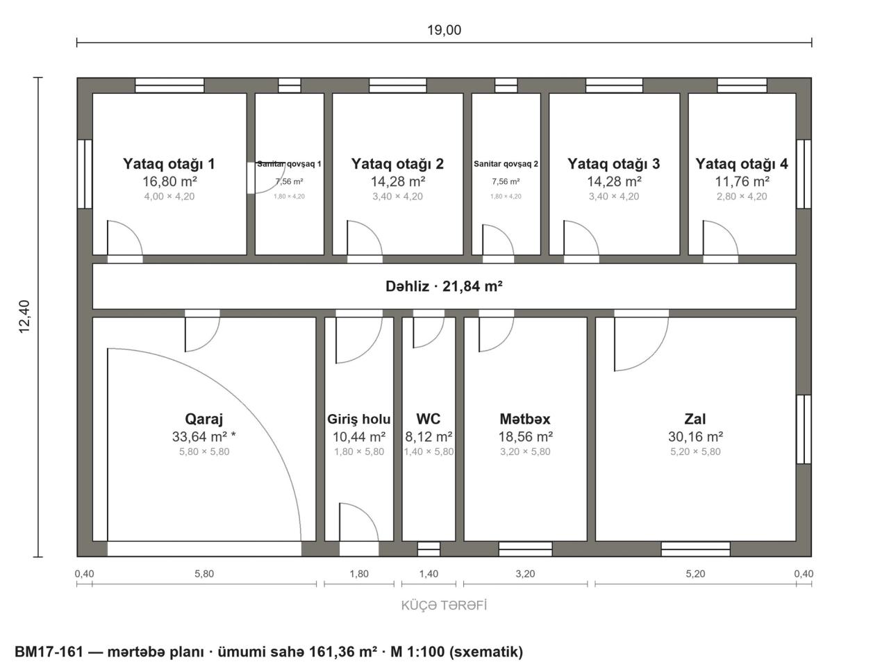 BM17-161 layihəsinin mərtəbə planı — 161 m², 4 yataq otağı