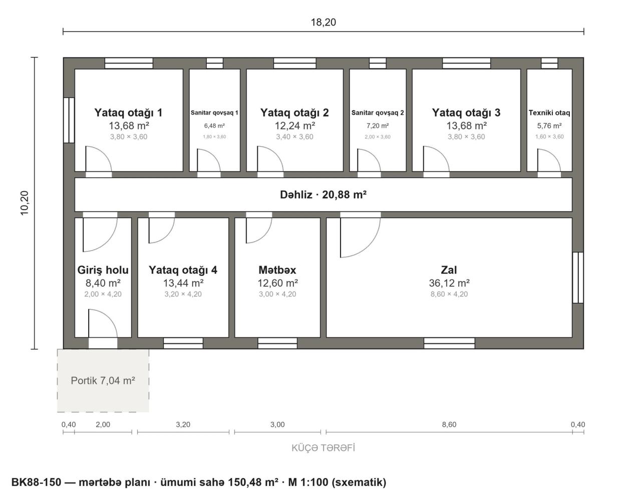 BK88-150 layihəsinin mərtəbə planı — 150 m², 4 yataq otağı