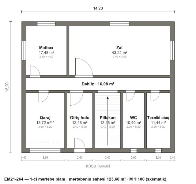 EM21-264 layihəsinin 1-ci mərtəbə planı — 123,60 m²