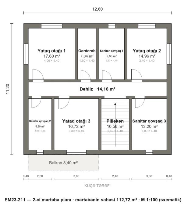EM23-211 layihəsinin 2-ci mərtəbə planı — 3 yataq otağı