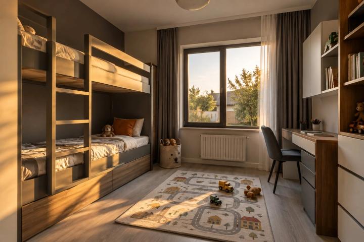 Modern üslubunda uşaq otağı (həyət evi, axşamüstü işıq) — Ekonom təmir paketi, dizayn vizuallaşdırması