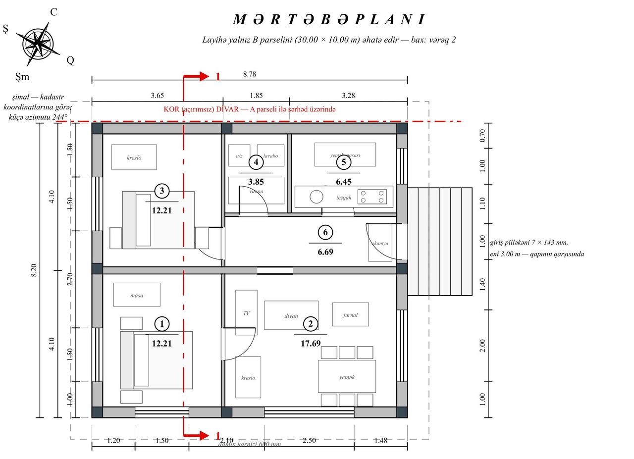 BM02-072 layihəsinin mərtəbə planı — 72 m², 2 yataq otağı