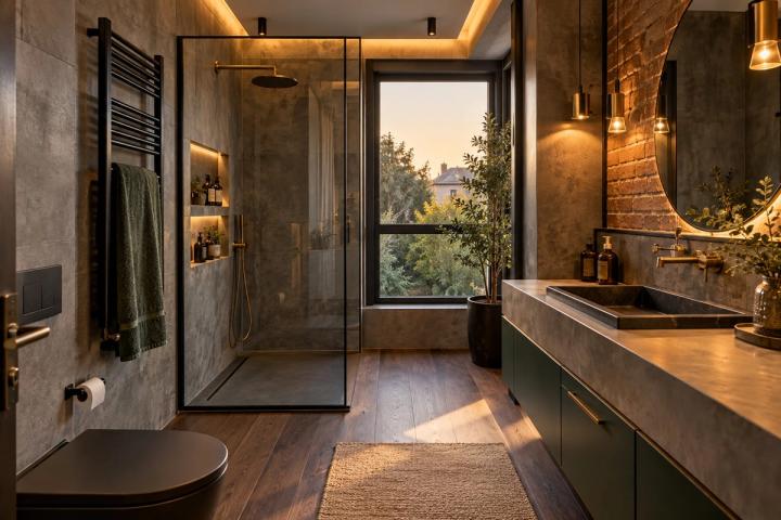 Loft üslubunda sanitar qovşaq (penthaus, axşamüstü işıq) — Premium təmir paketi, dizayn vizuallaşdırması