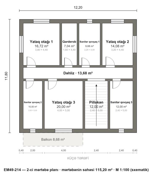 EM49-214 layihəsinin 2-ci mərtəbə planı — 3 yataq otağı