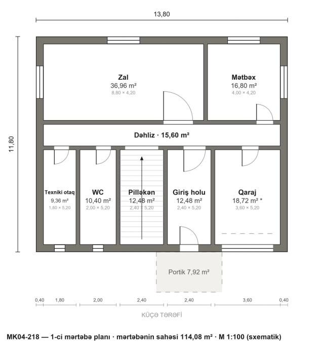 MK04-218 layihəsinin 1-ci mərtəbə planı — 114,08 m²