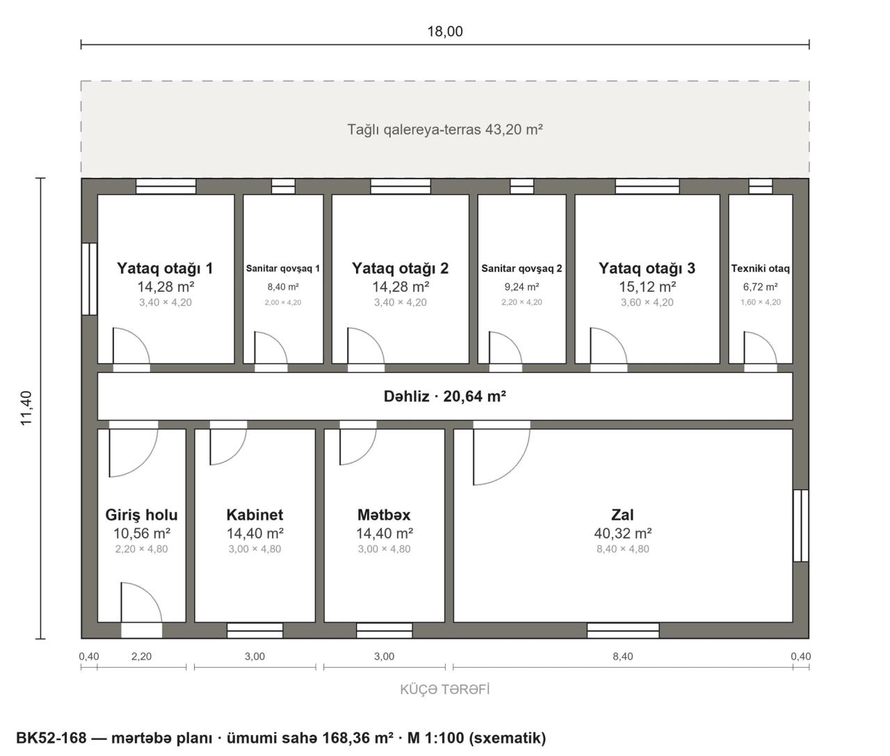 BK52-168 layihəsinin mərtəbə planı — 168 m², 3 yataq otağı