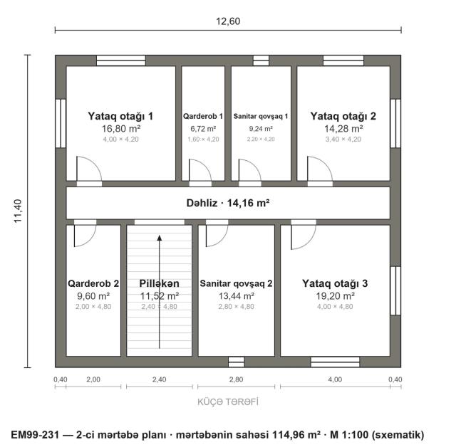 EM99-231 layihəsinin 2-ci mərtəbə planı — 3 yataq otağı