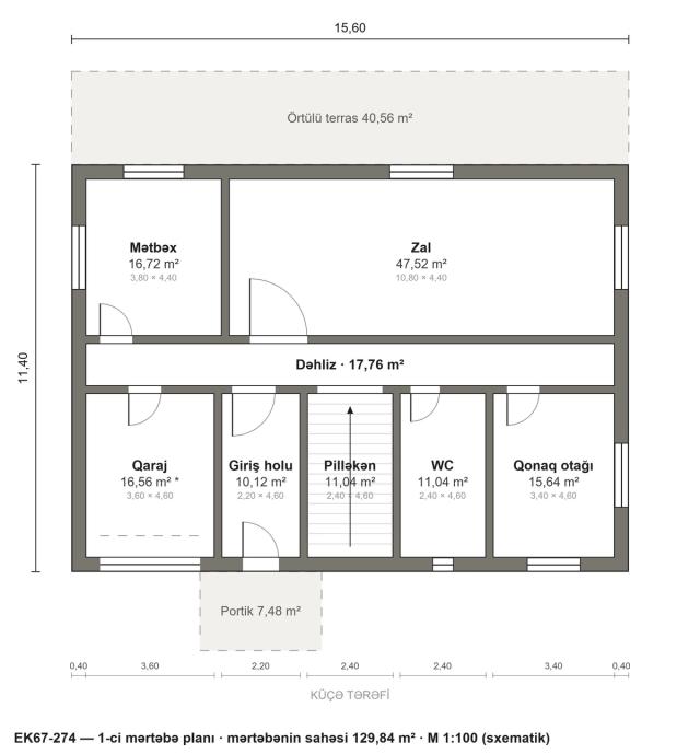 EK67-274 layihəsinin 1-ci mərtəbə planı — 129,84 m²