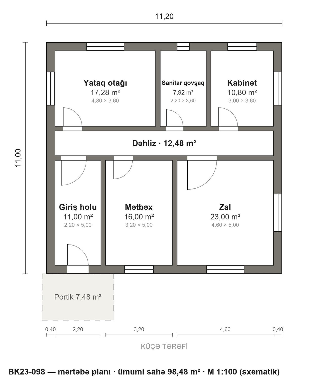 BK23-098 layihəsinin mərtəbə planı — 98 m², 1 yataq otağı