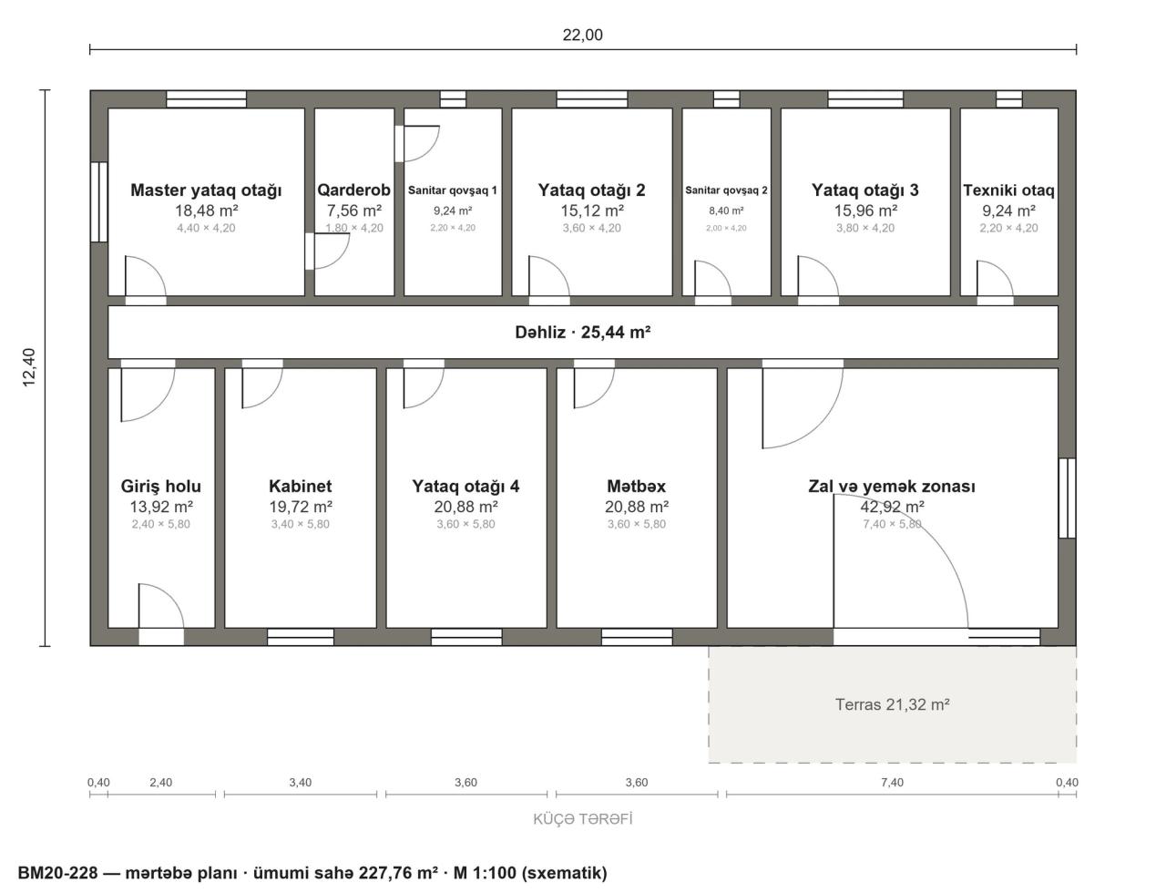 BM20-228 layihəsinin mərtəbə planı — 228 m², 4 yataq otağı
