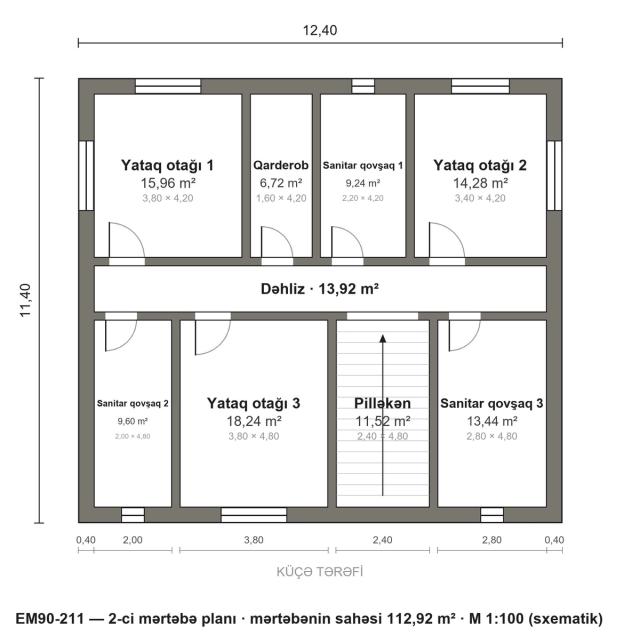 EM90-211 layihəsinin 2-ci mərtəbə planı — 3 yataq otağı