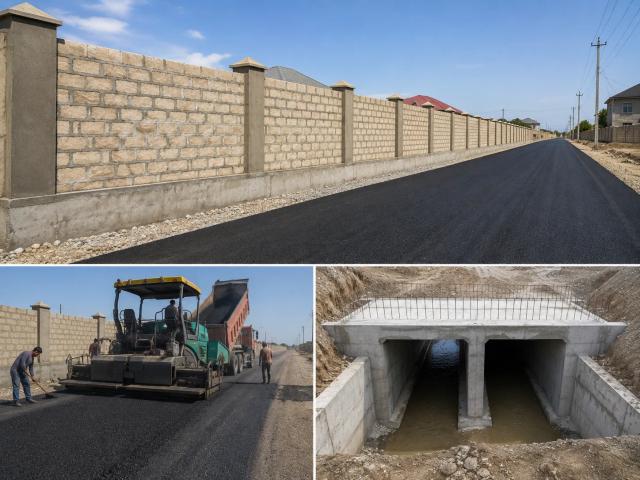 A stone fence, a road with an asphalt concrete surface and a collector crossing in Zabrat, Baku