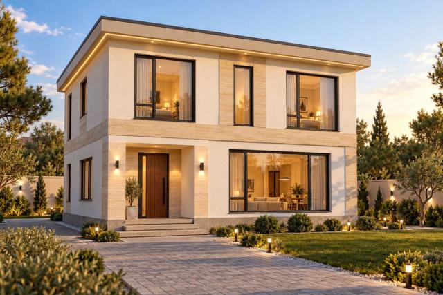 EM78-221 layihəsinin fasad vizuallaşdırması — ikimərtəbəli ev, düz dam