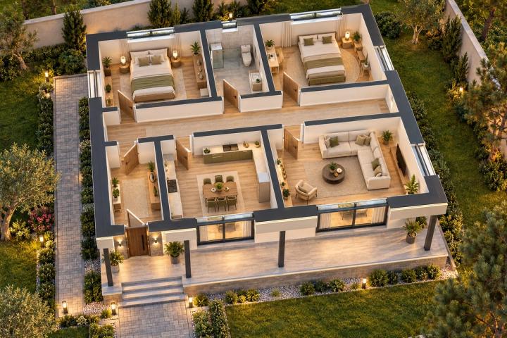 BM53-092 layihəsinin 3D kəsik planı — mebelli otaqlar, vizuallaşdırma