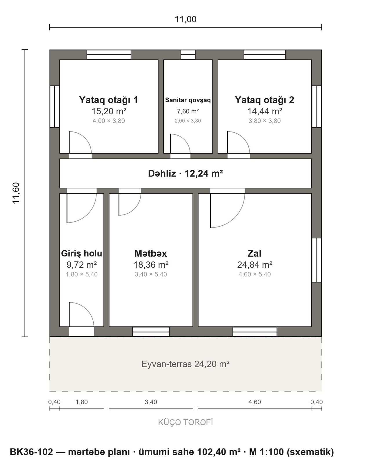 BK36-102 layihəsinin mərtəbə planı — 102 m², 2 yataq otağı