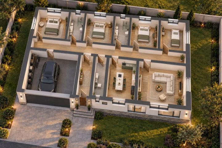 BM17-161 layihəsinin 3D kəsik planı — mebelli otaqlar, vizuallaşdırma