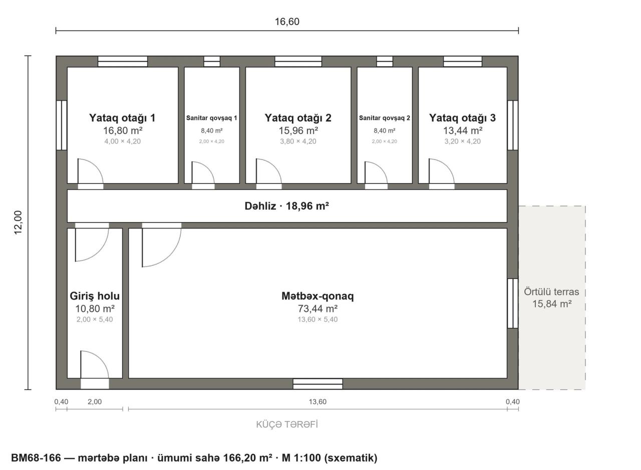 BM68-166 layihəsinin mərtəbə planı — 166 m², 3 yataq otağı