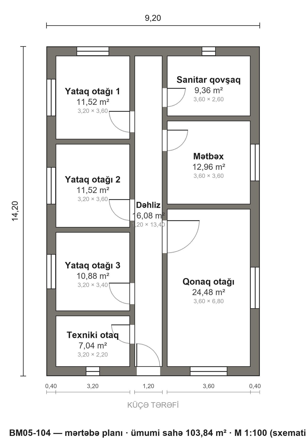 BM05-104 layihəsinin mərtəbə planı — 104 m², 3 yataq otağı