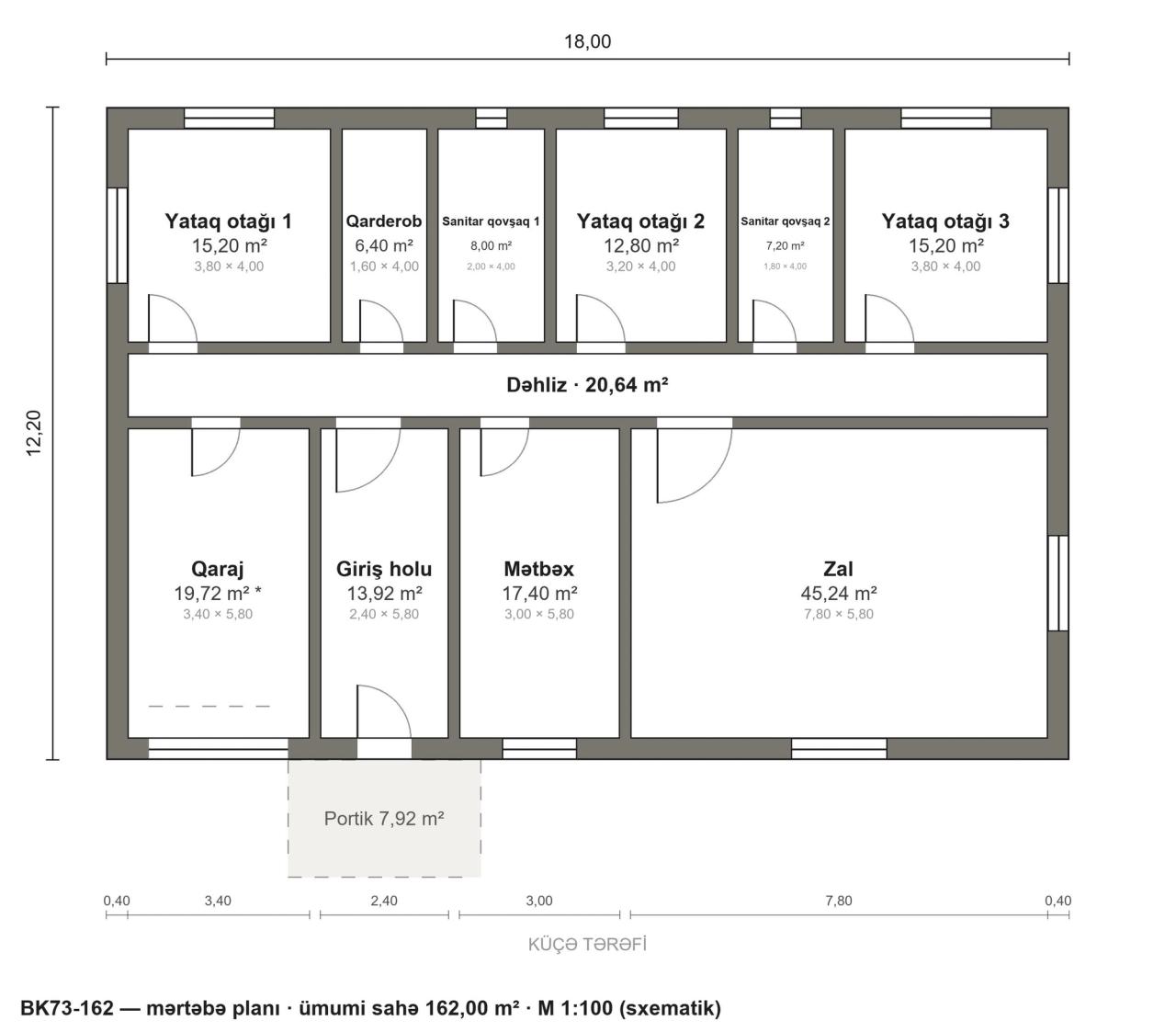 BK73-162 layihəsinin mərtəbə planı — 162 m², 3 yataq otağı