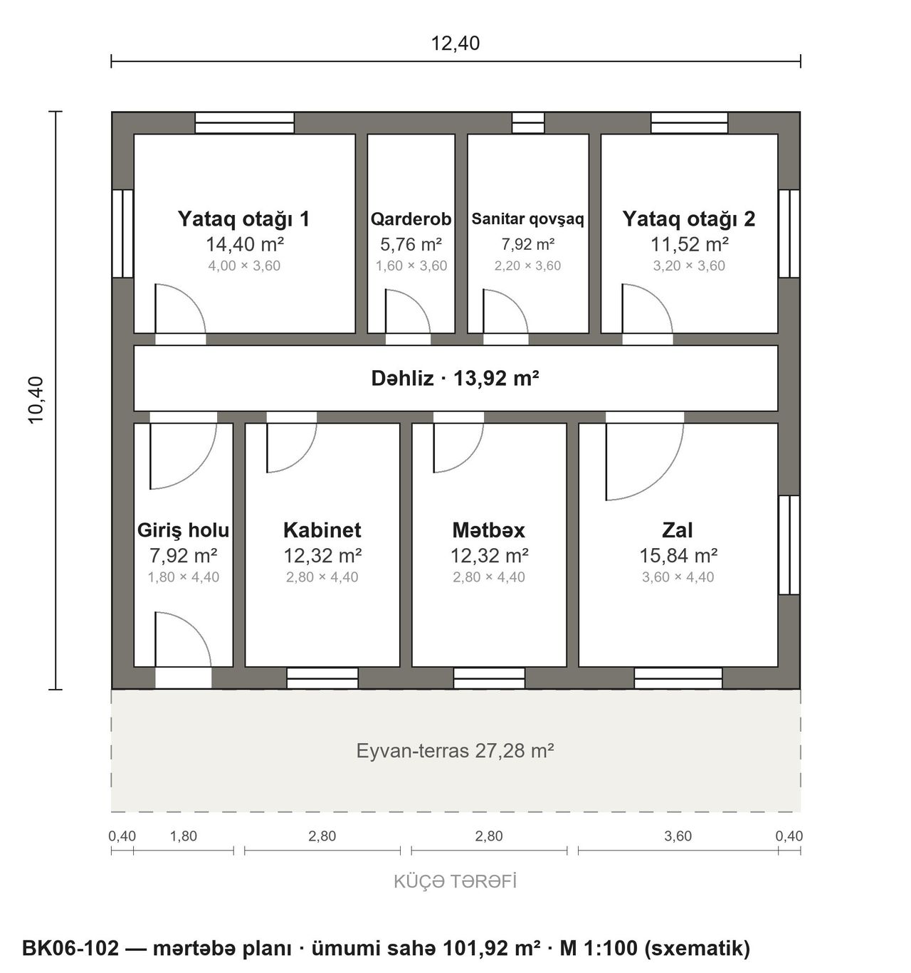 BK06-102 layihəsinin mərtəbə planı — 102 m², 2 yataq otağı