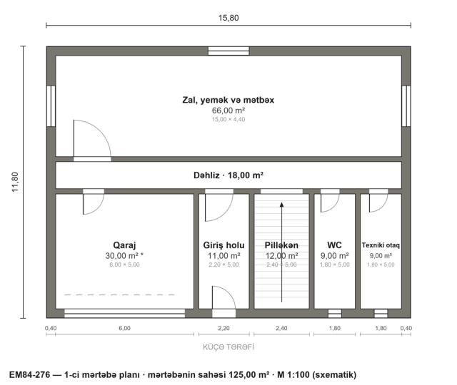 EM84-276 layihəsinin 1-ci mərtəbə planı — 125,00 m²