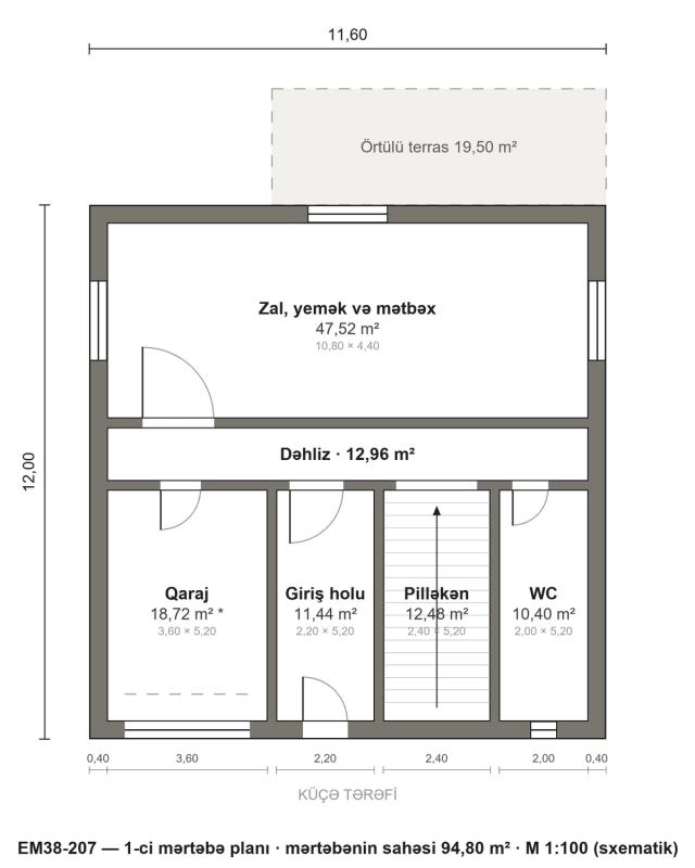 EM38-207 layihəsinin 1-ci mərtəbə planı — 94,80 m²