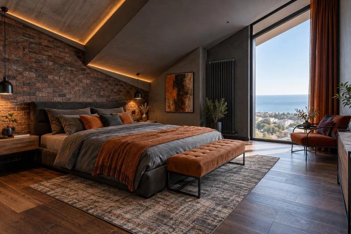 Loft üslubunda yataq otağı (villa, gündüz işığı) — Premium təmir paketi, dizayn vizuallaşdırması